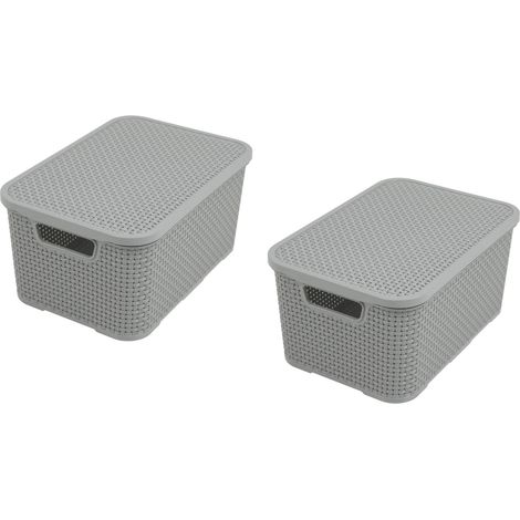 Lot de 2 paniers de rangement avec couvercle en rotin - Taille M - 10 l - Plastique PP sans BPA - Gris clair - 28,8 x 19,7 x 16,2 cm (1/5)