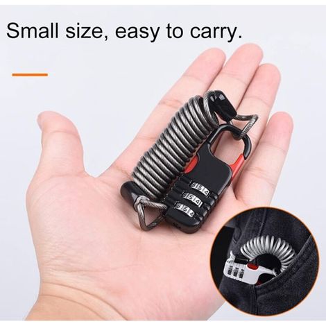 Serrure à câble à combinaison à 3 chiffres pour casque de moto, serrure à code portable avec câble en acier pour sac à dos de bagages noir 1 pièce/ensemble (1/3)