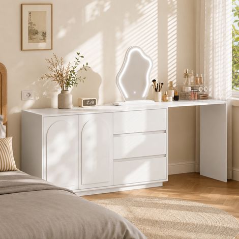 Coiffeuse avec miroir LED, 140x40x75cm, table de maquillage extensible, pour chambre, en panneaux de particules, Blanc (1/5)