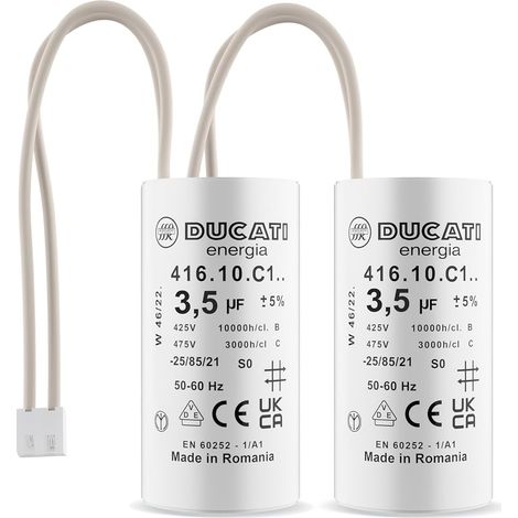 Ducati Energia – Lot de 2 condensateurs 3,5 µF pour moteur de volet roulant Bubendorff – Durée de vie 10 000 heures – Connecteurs intégrés – Plastique gris