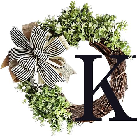 Couronne de porte avec Lettre K Bois - Décor de Bienvenue avec Bow pour Courtyard - Matériel Plastique/ Bois - Dimensions 36cm x 36cm - Cadeau Fête Mères & Maison (1/5)