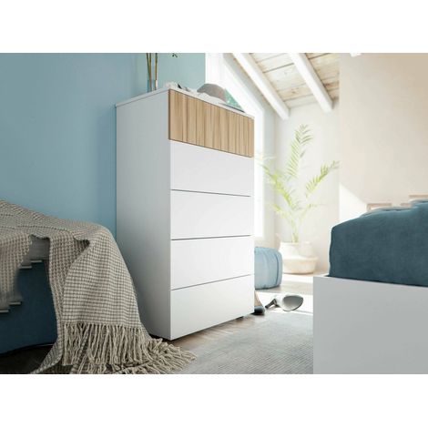 Dmora - Schubladenschrank Wynne, Kommode mit 5 Schubladen, Kommode für Schlafzimmer, Moderne Kommode, 61x40x109 cm, Weiß und Eiche (1/5)