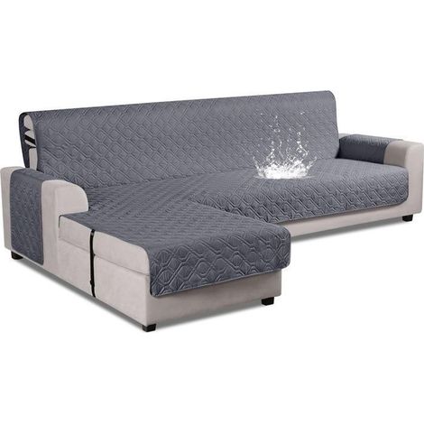 Housse canapé angle imperméable 200 cm – Réversible, anti-taches – Gris – Fixation sécurisée (1/5)