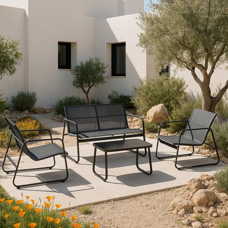 Set Palencia di Mobili da Giardino Tavolino Divano e 2 Sedie da Esterno - Grigio Chiaro/Nero [en.casa]