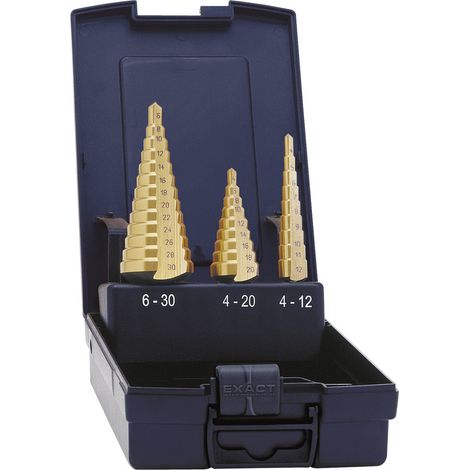 Exact 5351 HSS Stufenbohrer-Set 3teilig 4 - 12 mm, 4 - 20 mm, 6 - 30 mm TiN 3-Flächenschaft 1 Set (1/2)