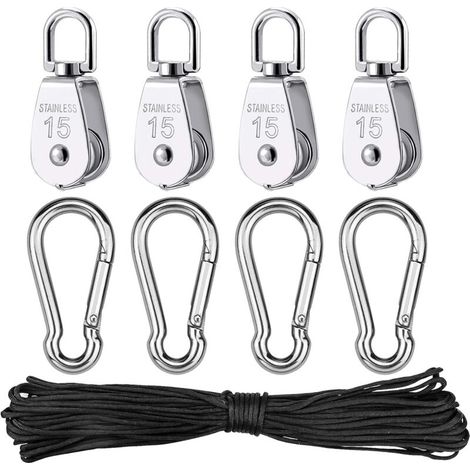 4pcs Stainless Steel Pulley, Single Pulley Lifting Rope with Rope for Camping Hiking Ropes