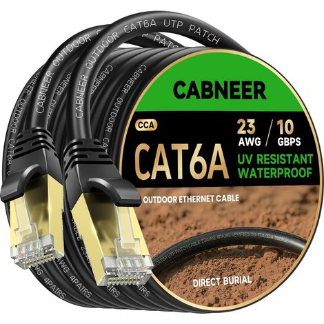 Cable Ethernet Extérieur Cat 6A 20m 23 AWG LLDPE 10 Gbps 550MHz, Résistant UV/Intempéries, Enfouissement Direct, Câble RJ45 Réseau Internet Gigabit Haute Vitesse UTP CCA, 20 Attaches Noires (1/5)