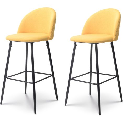 Set mit 2 modernen Barhockern mit Rückenlehne – Hoher Hocker in gelbem Stoff und schwarzen Metallbeinen – Höhe 76 cm