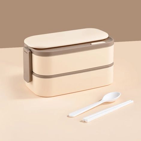 Boîte à lunch portable et hermétique en acier inoxydable 304 à double compartiment (beige), compatible micro-ondes. (1/5)