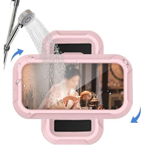 Ecleanfy - Support de téléphone de douche rotatif à 360°, rétractable et réglable écran haute définition antibuée et sensible rose.