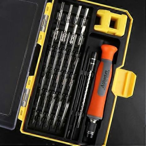 Obadun 9802 Coffret d'outils 31 en 1 : tournevis, outil de précision multifonction pour horloge d'ordinateur, manche télescopique, boîte jaune. (1/5)