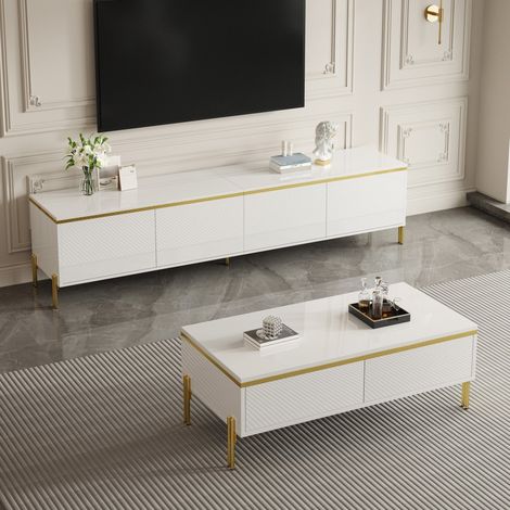 Weißes Hochglanz-TV-Möbel- und Couchtisch-Set, Stauraum, HAVRYA (1/5)