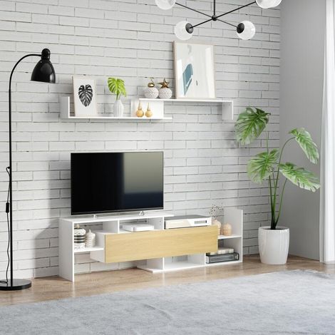 Ensemble meuble TV avec banc et étagère murale style contemporain 153,6L cm - blanc et bois naturel (1/5)