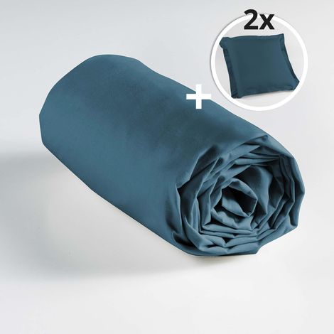 Ensemble drap housse 160 x 200 cm + 2 taies d'oreiller 63 x 63 100% coton Bleu nuit