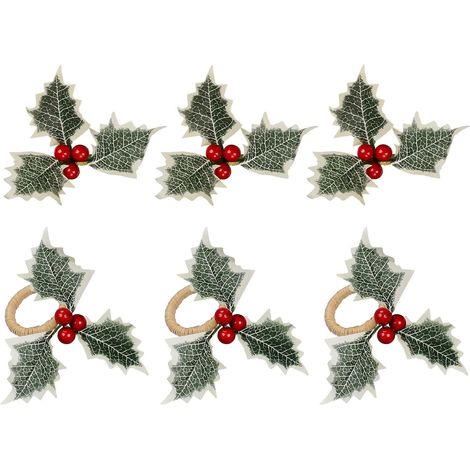 Ensemble de 6 anneaux de serviettes à houx style ferme, fabrications artisanales rustiques (anneaux de serviettes à baies de houx) pour Noël, mise en place de table et décoration de Noël (6 houx) (1/4)