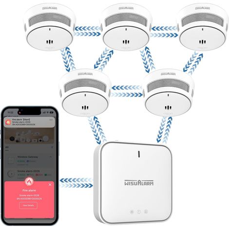 Detecteur De Fumée Intelligent avec Passerelle, Détecteur De Fumée pour La Maison, APP Notificaiton Push, Batterie Scellée De 10 Ans, EN14604 (5détecteur De Fumée+1passerelle) (1/5)