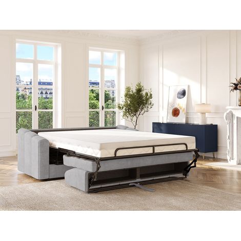 Divano letto 3 posti a ribalta Posto letto 140 cm Materasso 22 cm memory foam in Tessuto testurizzato Grigio chiaro DARIELO (1/4)