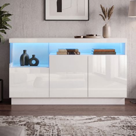 Credenza led app controllo - madia bianca lucida moderna 140x36x80cm - mobile soggiorno 3 ante con vetrina acrilica e push to open (1/5)
