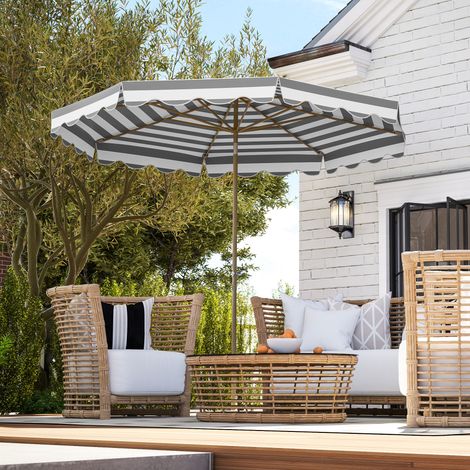 Großer Sonnenschirm mit UV-Schutz 50+ und verstellbarem Dach für Garten, Terrasse und Balkon, Ø 2,68 x 2,37 m, grau-weiß gestreift