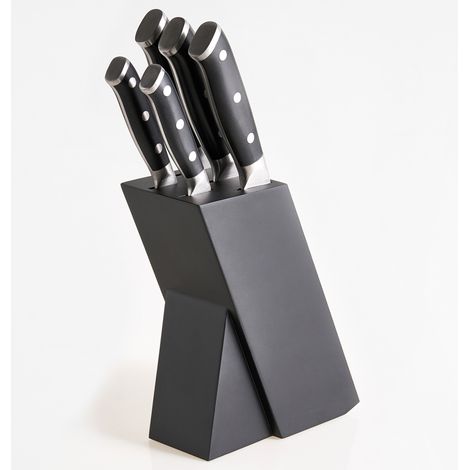 Conjunto de 5 cuchillos con bloque modernos de acero inoxidable afilados a mano dureza 54 HRC negro Ikeda