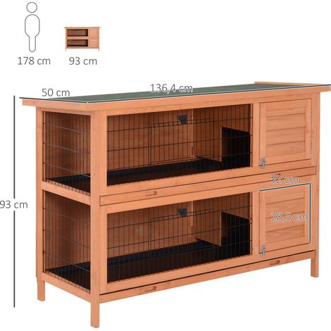 Clapier en bois à deux niveaux, toit en asphalte et bac de récupération, 136,4 x 50 x 93 cm, résistant à l'hiver, clapier pour petits animaux avec portes, cage pour lapins, usage intérieur/extérieur, 