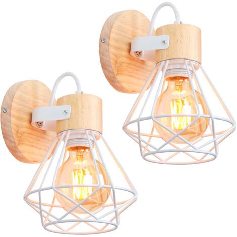 royaluxe- 2PCS Applique Murale En Métal Applique Murale Rétro Applique En Bois Applique D'Intérieur Blanc E27 Applique Moderne Lampe Murale Cage En Diamant (1/5)