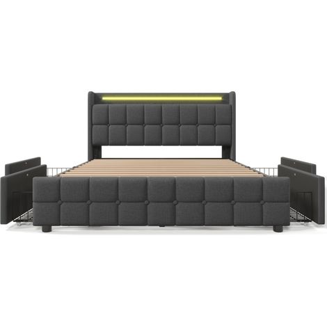 Polsterbett 180x200 cm grau mit USB, LED und 4 Schubladen, Holz- und Metallrahmen (1/5)