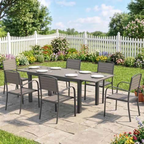 Set di mobili da giardino, composto da 7 pezzi, tavolo allungabile con 6 sedie, effetto legno, struttura a doghe, telaio in alluminio.