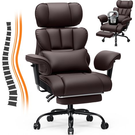 Ergonomisch Massage Gaming- und Bürostuhl Leder mit Fußstütze, verstellbarer Kopf- & Armlehne, 200 kg belastbar, Braun