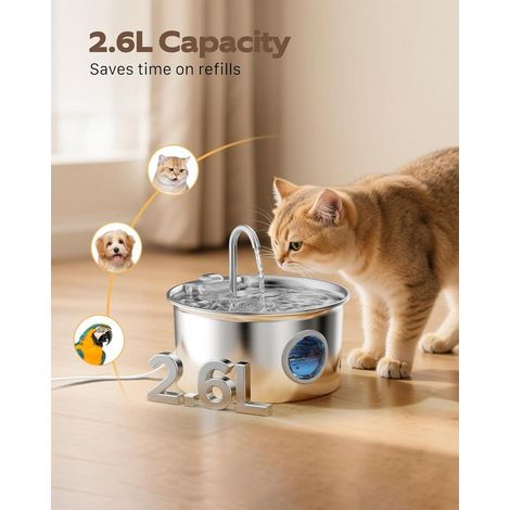 Fontaine Eau Chat INOX: Fontaine Chat Acier Inoxydable Automatique - 2,6L Silencieuse Distributeur d'eau Électrique avec Robinet pour Petit Chien - Filtre Multicouche avec 6 Filtres + 3 Éponges (1/4)