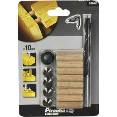 BLACK&DECKER - PIRANHA - KIT PER SPINATURA - 1 PUNTA PER TRAPANO / 16 TASSELLI IN LEGNO / 1 ARRESTO DI PROFONDITA' / 4 MARCATORI