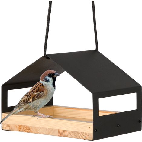 WONDERMAKE® Design Vogelhaus aus Metall und Holz wetterfest zum Aufhängen, modernes Vogelfutterhaus klein Metalldach hängend, Vogelhäuschen Futterhaus für Vögel, schwarz (1/5)