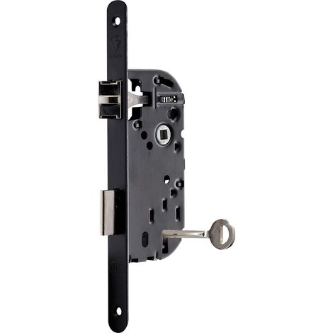 Serrure à encastrer à clé, axe 40 mm, coffre 135 mm, Niveau 2 - D25 - Réversible sans démontage, Têtière bouts ronds - Porte intérieure, chambre, bureau - Noir, Gâche, Clé inclus (1/5)
