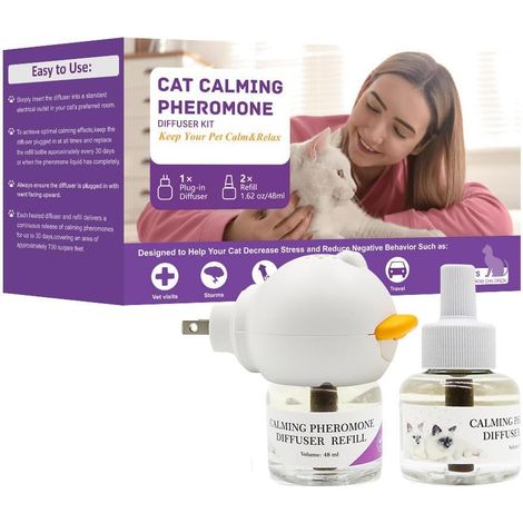 Ensemble d'aromathérapie apaisante pour chat, comprend deux recharges de 30 jours, soulage le stress, atténue naturellement l'anxiété du chat, arrête les griffures et les mictions (paquet de 2). (1/5)