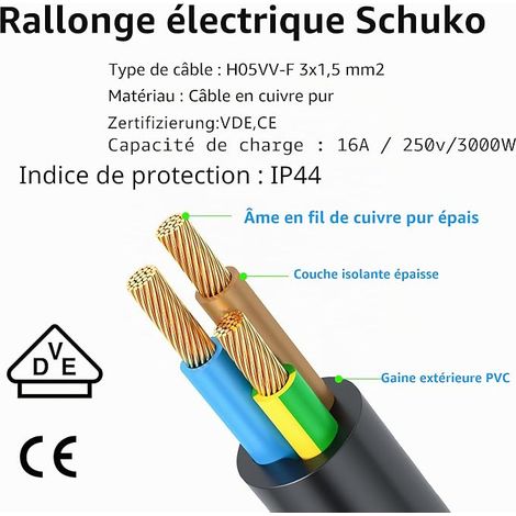 Short 90 Degree Extension Cable Black 3x1.5 mm² 16A 250V 0.3 (1/4)