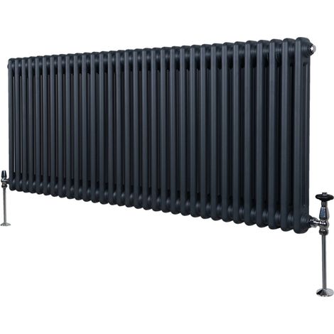 Radiador Tradicional Horizontal de 2 columnas 600mm x 1462mm  Gris Antracita Mate  Acero  Montado en pared  Kit de fijación y soportes  + Cepillo de limpieza GRATIS  Calefacción estufa calefactor