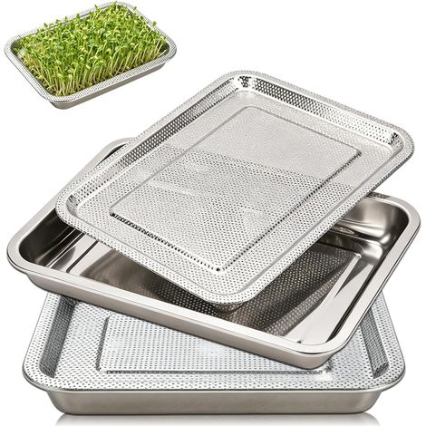 Set of 2 Stainless Steel Seed Germination Tray, Germination Bowl for Germination Seeds with Sieve for Growing Germs, Catnip, Micro-Greens (1/5)