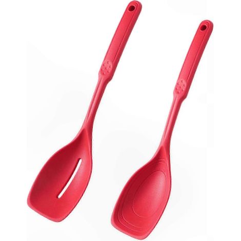 Ensemble de 2 cuillères de cuisine en silicone, comprenant une cuillère ajourée et une cuillère pleine. Ustensiles de cuisine antiadhésifs et résistants à la chaleur, avec trou de suspension. (1/5)