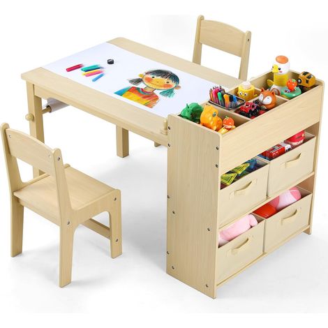 TLGREEN Kindertisch mit 2 Stühlen, Maltisch Kindersitzgruppe mit 4 Aufbewahrungskiste, Holz Kinder Tisch Stuhl Set mit Papierrolle, Kinder Schreibtisch Sitzgruppe für Kindertagesstätte Spielzimmer, Ho (1/5)