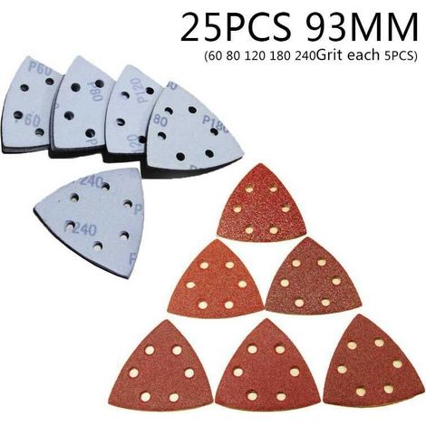 Set of 25 triangular sandpaper sheets, 93 mm, 6-hole self-adhesive red sandpaper, multifunctional finishing machine, flocking and tufting sheets (1/5)