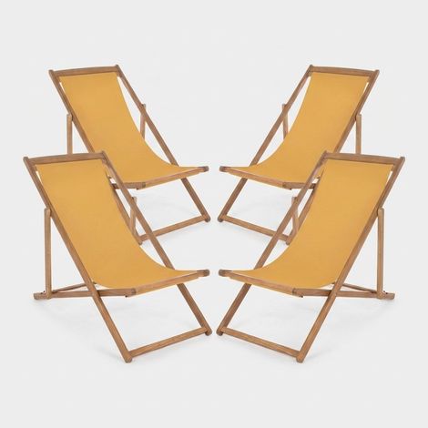Lot de 4 chaises longues de jardin pliantes et inclinables en bois Noemi YES - Jaune (1/5)