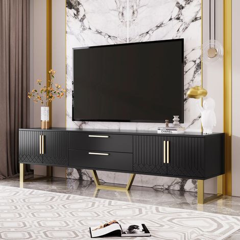 Mobile TV lucido con anta incisa e testurizzata, cassettiera porta TV con 4 vani portaoggetti e 2 cassetti, 170x40x53cm, Nero