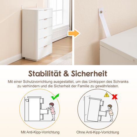 Commode 5 tiroirs blanche moderne, coffre de rangement à poignées métalliques, meuble MDF robuste pour chambre, salon, entrée – dispositif anti-bascule inclus (1/5)