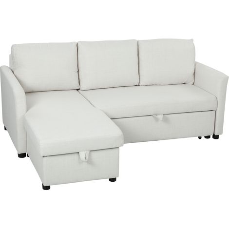Divano Letto con Chaise Longue 192x148x86 cm con Vano Portaoggetti a Scomparsa Effetto Lino Bianco Crema (1/5)