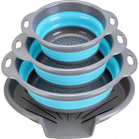 Passoires pliables cuisine lot de 3 avec grand plateau d'égouttage base gris et bleu (1/5)