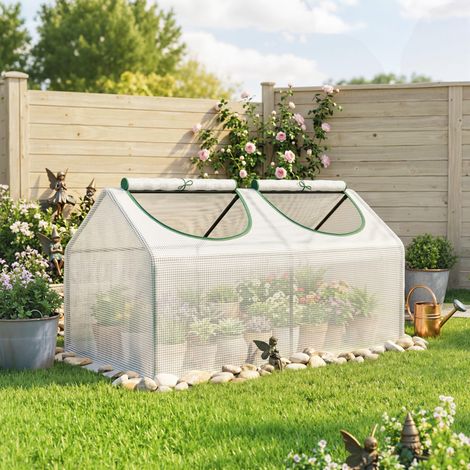 Serre de jardin en forme de maisonnette avec couverture PE, abri pour potager avec piquets et bordures étendues pour plantes et fleurs, 120x60x60 cm, blanc (1/5)