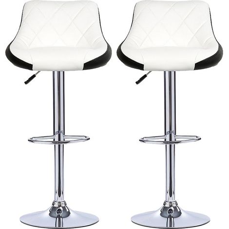 ®Tabouret de bar 2, chaise de cuisine moderne, avec dossier repose-pieds sans accoudoir en similicuir chromé design pivotant réglable en hauteur, blanc-noir (1/5)