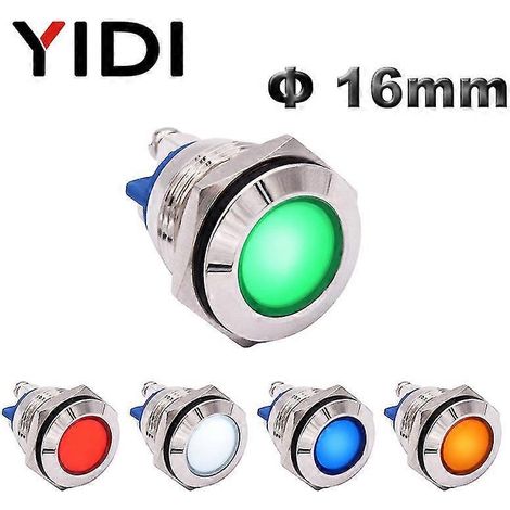 Voyant indicateur étanche en métal chromé de 16 mm, 12 V, 24 V, 220 V, rouge, vert, bleu, blanc, ambre, borne à vis (1/5)