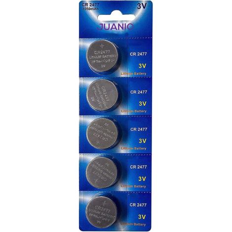 Lot de 5 Piles bouton plates lithium type CR2477 3V compatibles DL2477, ECR2477, BR2477 - Juanio - (1/2)