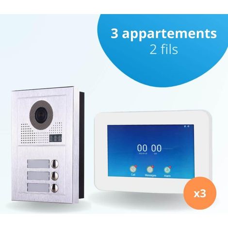 Portier interphone vidéo MODERN 2 Fils - 3 appartements - 3 écrans tactiles connectés 7" blanc